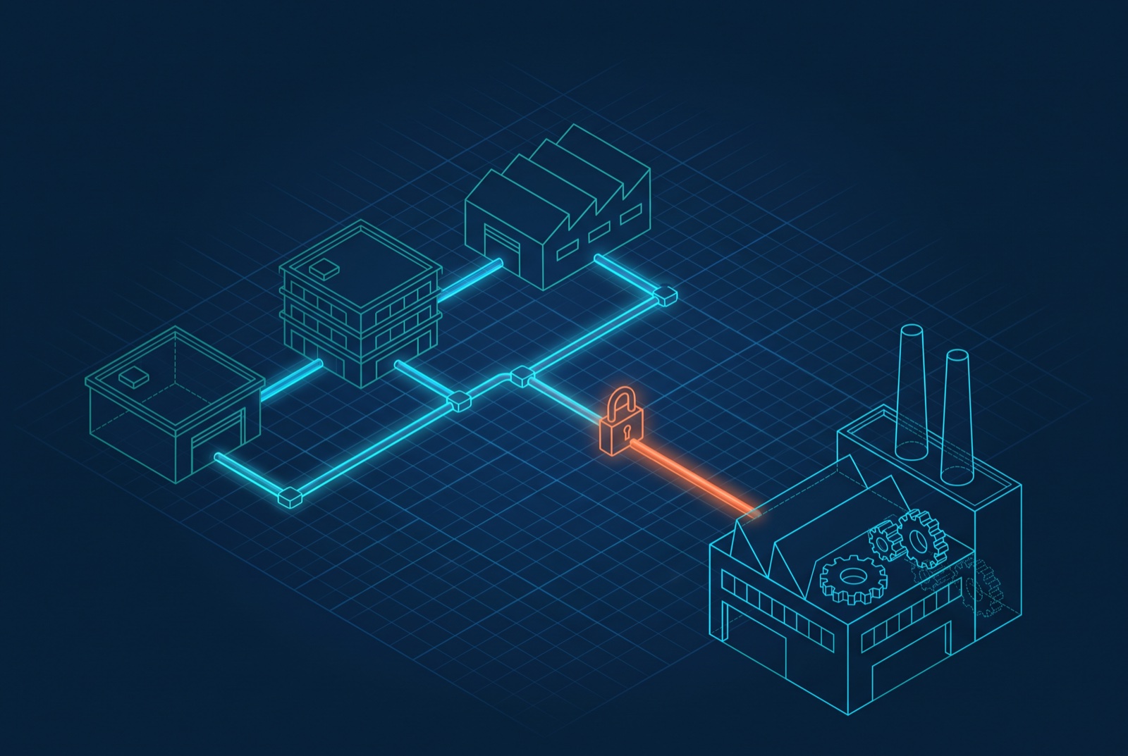 A wireframe supply chain of connected buildings with one highlighted link feeding into a factory.